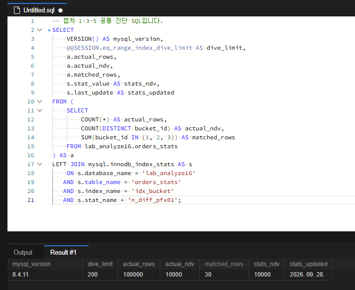 MySQL 8.4.11에서 전체 100,000행, 실제 고유값 수 10,000개, 조건 일치 행 수 30행을 확인한 결과입니다. 인덱스 통계의 고유값 수도 10,000으로 표시됩니다.
