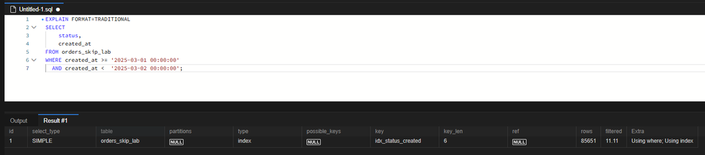 Skip Scan 비활성화 시 idx_status_created 전체 인덱스 스캔이 선택된 실행계획입니다.