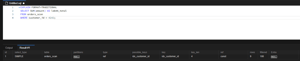 MySQL sys 스키마로 테이블 스캔이 많은 쿼리 찾기: 10만 행 실험과 인덱스 개선 검증 5 인덱스 추가 후 접근 방식이 ALL에서 ref로 변경되었습니다. 실제 선택한 인덱스는 idx_customer_id이며, 예상 조사 행 수는 9행입니다.