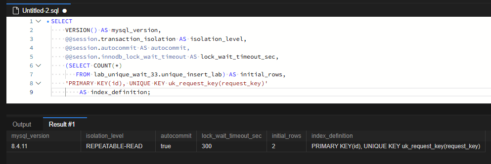 MySQL 8.4.11, REPEATABLE-READ, 초기 데이터 2행과 잠금 대기 제한 300초를 확인한 화면입니다. index_definition은 준비한 인덱스 정의를 표시한 문자열이며, 시스템 메타데이터에서 인덱스를 조회한 결과는 아닙니다.