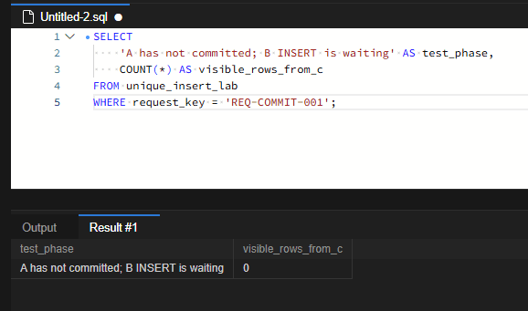 세션 C에서 REQ-COMMIT-001을 조회한 결과가 0건입니다. 화면의 test_phase 문구는 실험 단계를 표시한 고정 문자열이며, INSERT 대기를 자동 감지한 결과는 아닙니다. 실제 대기 여부는 다음 잠금 진단 결과로 확인합니다.