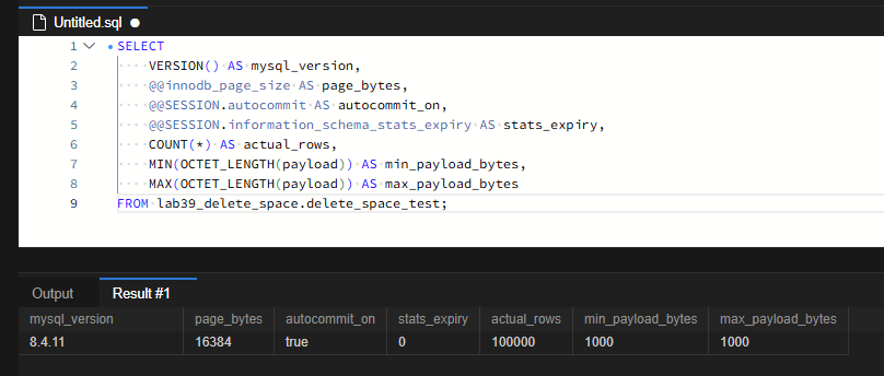 MySQL DELETE 후 파일 크기가 줄지 않는 이유: 90% 삭제와 OPTIMIZE TABLE 실측 2 MySQL 8.4.11, 페이지 크기 16384바이트, autocommit 활성화, 통계 캐시 0 상태에서 실제 행 수 100,000행과 payload 길이 1,000바이트를 확인한 조회 결과