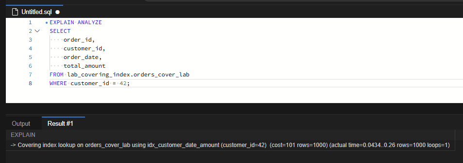 MySQL 커버링 인덱스 실험: 조회 컬럼 하나가 추가되면 무엇이 바뀌는가 3 기본 조회의 EXPLAIN ANALYZE 결과로 idx_customer_date_amount를 사용한 Covering index lookup, cost 101, actual time 0.0434..0.26, rows 1000, loops 1