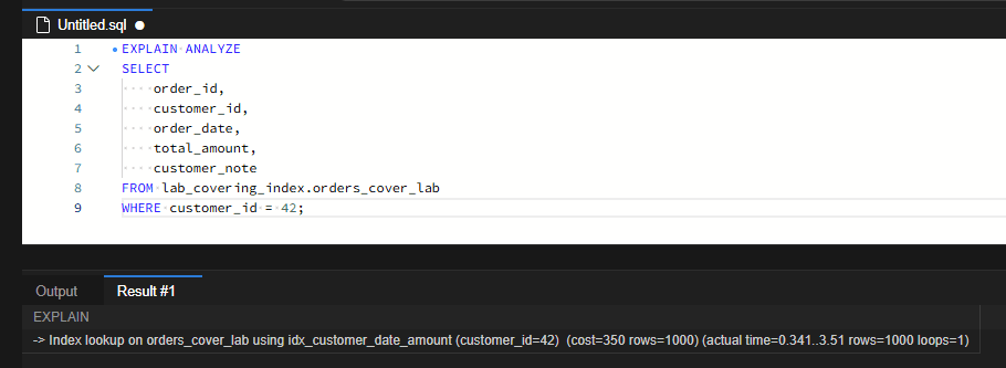 MySQL 커버링 인덱스 실험: 조회 컬럼 하나가 추가되면 무엇이 바뀌는가 4 customer_note를 추가한 쿼리의 EXPLAIN ANALYZE 결과로 같은 idx_customer_date_amount 인덱스를 쓰지만 Index lookup으로 바뀌었고 cost 350, actual time 0.341..3.51, rows 1000, loops 1