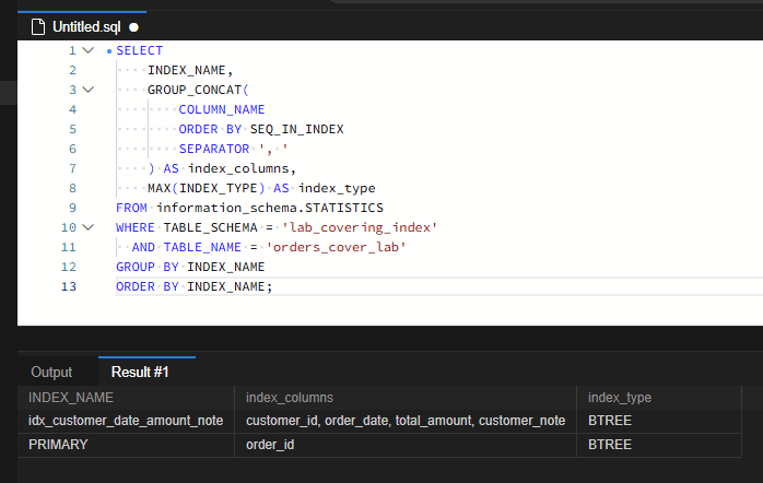 MySQL 커버링 인덱스 실험: 조회 컬럼 하나가 추가되면 무엇이 바뀌는가 5 INFORMATION_SCHEMA.STATISTICS 조회 결과로 idx_customer_date_amount_note가 customer_id, order_date, total_amount, customer_note 순서의 BTREE 인덱스이고 PRIMARY는 order_id로 유지됨