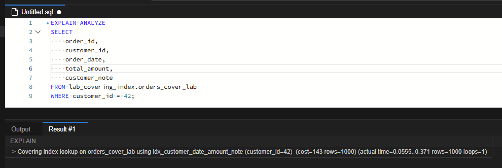 MySQL 커버링 인덱스 실험: 조회 컬럼 하나가 추가되면 무엇이 바뀌는가 6 인덱스 변경 후 customer_note를 포함한 같은 쿼리가 idx_customer_date_amount_note를 사용한 Covering index lookup으로 바뀌었고 cost 143, actual time 0.0555..0.371, rows 1000, loops 1