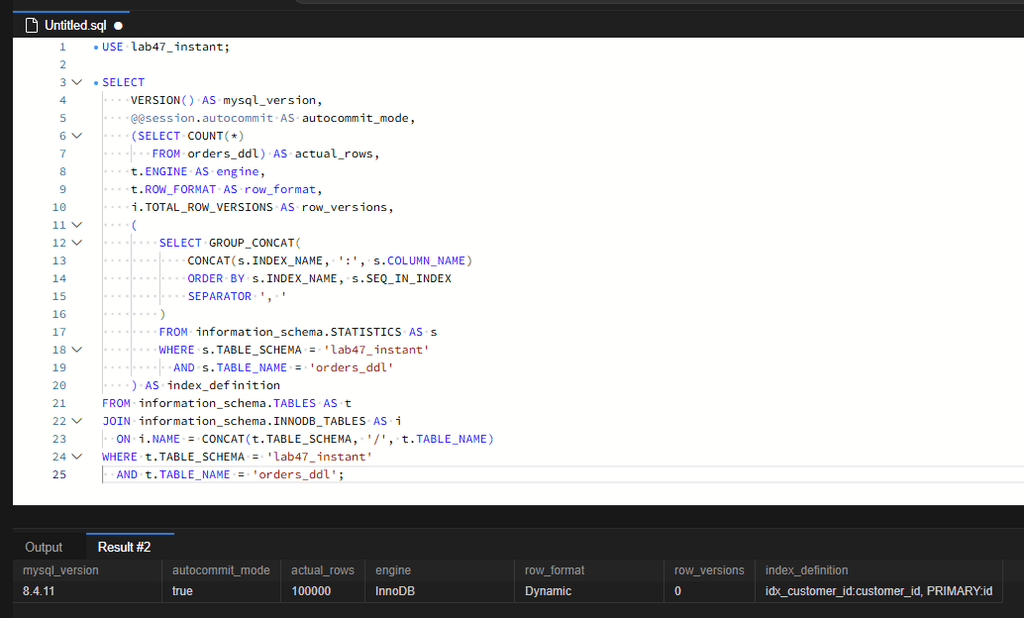 사전 점검 조회 결과로 MySQL 8.4.11, autocommit true, 실제 행 수 100000, InnoDB, Dynamic 행 형식, row_versions 0, 인덱스 idx_customer_id와 PRIMARY 확인