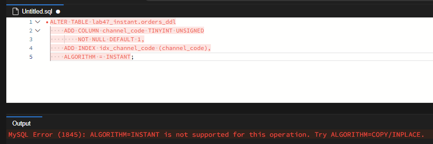 channel_code 컬럼과 idx_channel_code 인덱스를 한 ALTER 문에서 ALGORITHM INSTANT로 추가하자 MySQL Error 1845가 발생한 화면