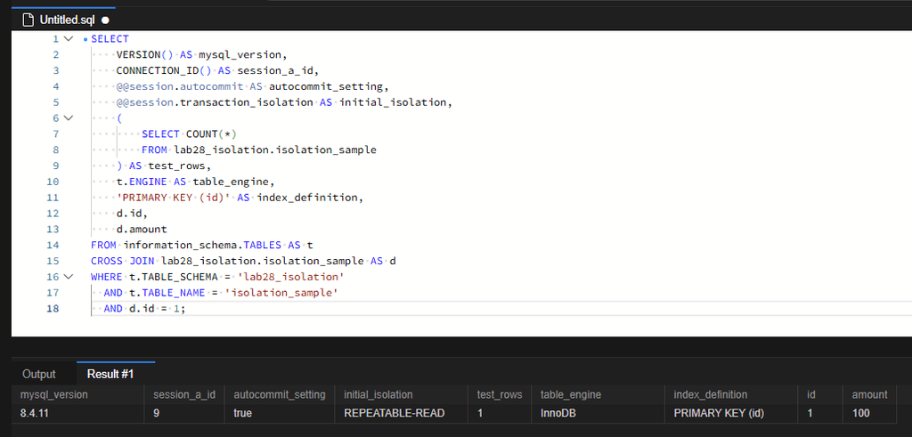 환경 확인 결과로 MySQL 8.4.11, 연결 ID 9, autocommit true, 초기 격리 수준 REPEATABLE-READ, 테스트 행 1행, InnoDB 엔진, id 1의 amount 100