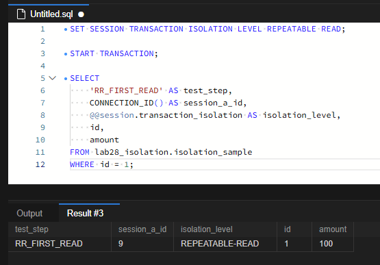 RR_FIRST_READ 단계에서 연결 ID 9, 격리 수준 REPEATABLE-READ, id 1의 amount 100을 조회한 결과