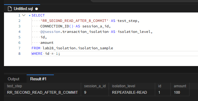 RR_SECOND_READ_AFTER_B_COMMIT 단계에서 같은 연결 ID 9, REPEATABLE-READ 격리 수준으로 다시 조회한 amount가 여전히 100