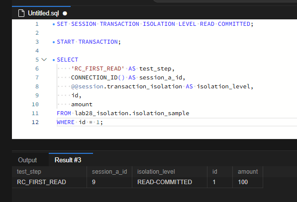 RC_FIRST_READ 단계에서 연결 ID 9, 격리 수준 READ-COMMITTED, id 1의 amount 100을 조회한 결과