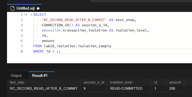 RC_SECOND_READ_AFTER_B_COMMIT 단계에서 같은 연결 ID 9, READ-COMMITTED 격리 수준으로 다시 조회한 amount가 200으로 바뀐 결과