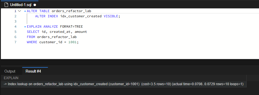 idx_customer_created를 이용해 customer_id = 1001에 해당하는 10행을 조회한 실행계획입니다.