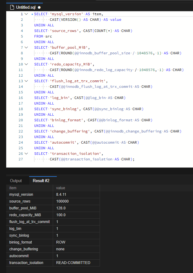 테스트 환경 조회 결과로 MySQL 8.4.11, 원본 100000행, 버퍼 풀 128MiB, redo 용량 100MiB, flush_log_at_trx_commit 1, log_bin 1, sync_binlog 1, binlog_format ROW, change_buffering none, autocommit 1, READ-COMMITTED