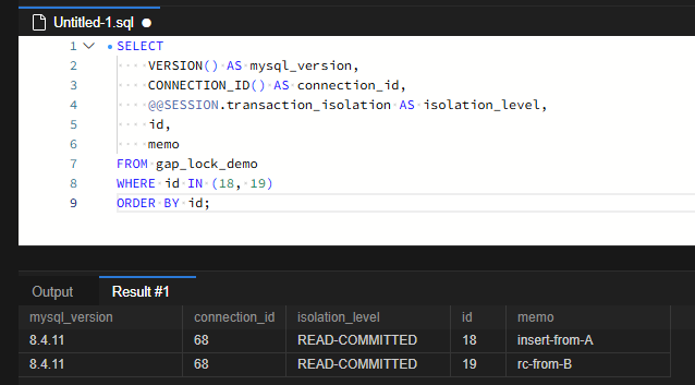 MySQL 8.4.11의 READ COMMITTED 연결에서 두 행을 조회한 결과입니다.