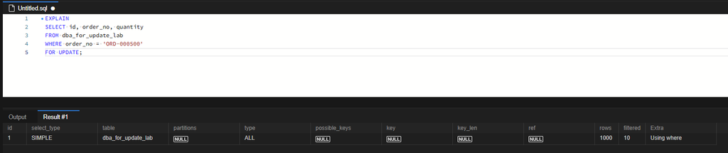 type=ALL, key=NULL, rows=1000으로 표시된 실행계획입니다.