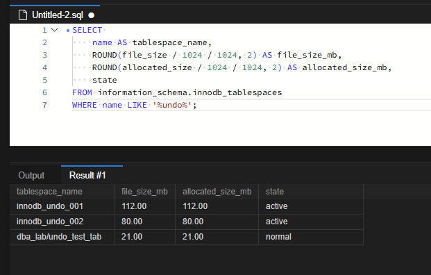 Undo Log 폭증으로 인한 Disk Full 방지: Purge Thread 동작 원리와 innodb_undo_tablespaces 최적화 가이드 5 팽창한 Undo Tablespace 용량 (112MB, 80MB)
