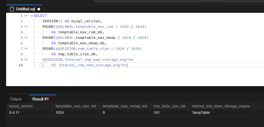 MySQL 8.4.11에서 temptable_max_ram 1024MB, temptable_max_mmap 0MB, tmp_table_size 161MB, 내부 임시 테이블 엔진 TempTable로 조회된 결과