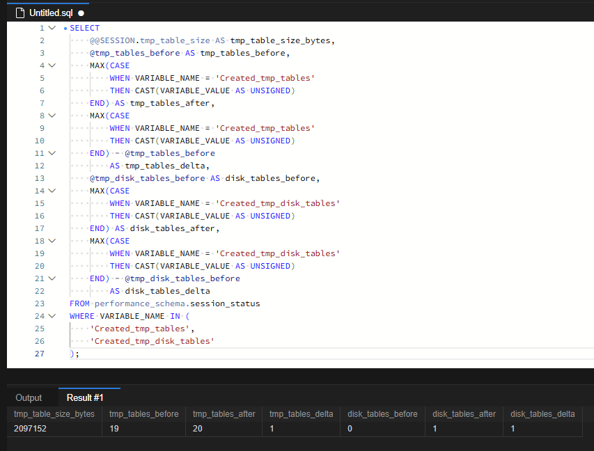 tmp_table_size 2097152바이트에서 Created_tmp_tables가 19에서 20으로, Created_tmp_disk_tables가 0에서 1로 증가한 조회 결과