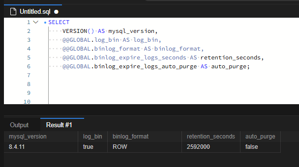 MySQL binlog 용량 관리: 보관 기간 설정과 안전한 PURGE 실습 2 MySQL 8.4.11에서 binlog가 활성화되어 있으며 기록 형식은 ROW입니다. 보관 기간은 2592000초이고 자동 purge는 false로 표시됩니다.