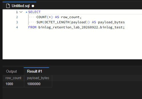 MySQL binlog 용량 관리: 보관 기간 설정과 안전한 PURGE 실습 3 테스트 데이터는 1,000행이며 payload의 합계는 1,000,000바이트입니다. 이 수치는 실제 테이블 파일 크기나 binlog 크기를 의미하지 않습니다.