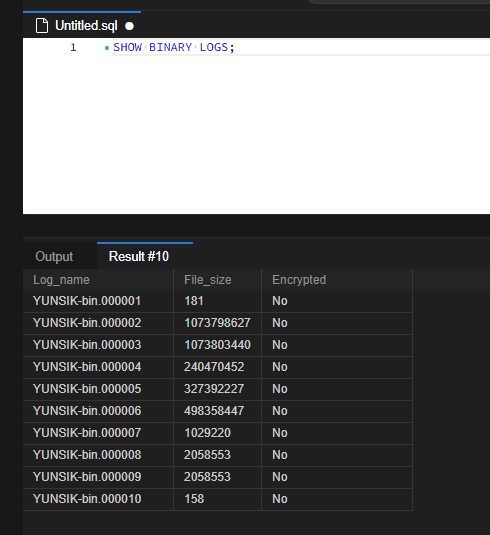 MySQL binlog 용량 관리: 보관 기간 설정과 안전한 PURGE 실습 4 YUNSIK-bin.000001부터 YUNSIK-bin.000010까지 10개 파일이 조회됩니다. 기존에 누적된 로그와 이번 실습 과정에서 기록된 로그가 함께 포함된 목록입니다.