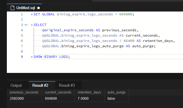 MySQL binlog 용량 관리: 보관 기간 설정과 안전한 PURGE 실습 5 previous_seconds는 2592000, current_seconds는 604800, retention_days는 7.0000으로 조회됩니다. 자동 purge는 계속 false인 상태입니다.