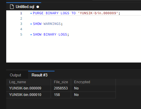 MySQL binlog 용량 관리: 보관 기간 설정과 안전한 PURGE 실습 7 수동 purge 이후 YUNSIK-bin.000009와 YUNSIK-bin.000010만 남았습니다. 경계 파일 자체는 보존되고 이전 8개 파일이 목록에서 제거된 결과입니다.