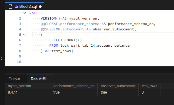 MySQL 잠금 대기 관계 읽는 법: data_locks와 data_lock_waits로 차단 세션 찾기 2 MySQL 8.4.11에서 performance_schema와 관찰 세션의 autocommit이 true로 조회되고, 테스트 행 수는 3개입니다.
