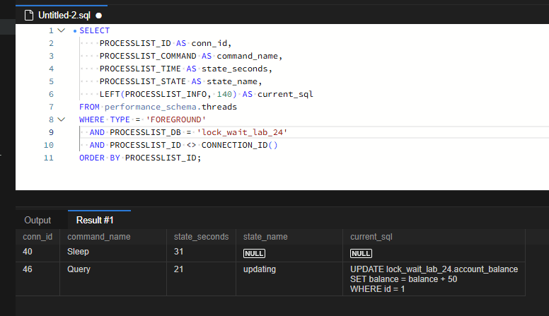 MySQL 잠금 대기 관계 읽는 법: data_locks와 data_lock_waits로 차단 세션 찾기 4 40번 세션은 Sleep 상태이고 현재 SQL은 NULL입니다. 46번 세션은 Query 상태이며 id=1의 balance에 50을 더하는 UPDATE가 표시됩니다.