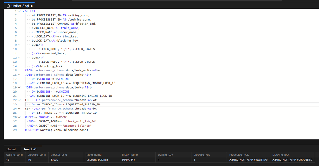 MySQL 잠금 대기 관계 읽는 법: data_locks와 data_lock_waits로 차단 세션 찾기 6 waiting_conn=46, blocking_conn=40으로 조회됩니다. 차단 세션의 명령 상태는 Sleep이며, 양쪽 잠금 대상은 PRIMARY 인덱스의 키 1입니다.