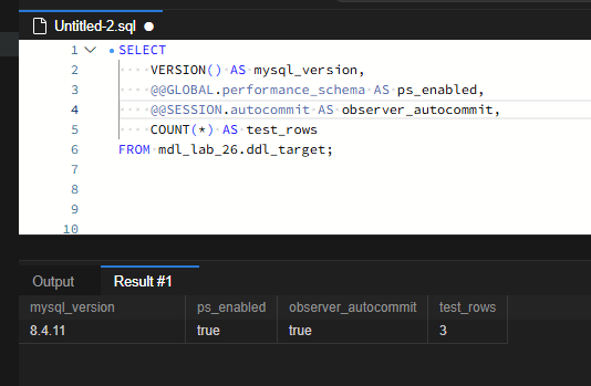 MySQL DDL이 끝나지 않는 이유: Metadata Lock 대기 재현과 진단 2 MySQL 8.4.11에서 performance_schema와 관찰 세션의 autocommit이 true로 조회됩니다. 테스트 데이터는 3행입니다.