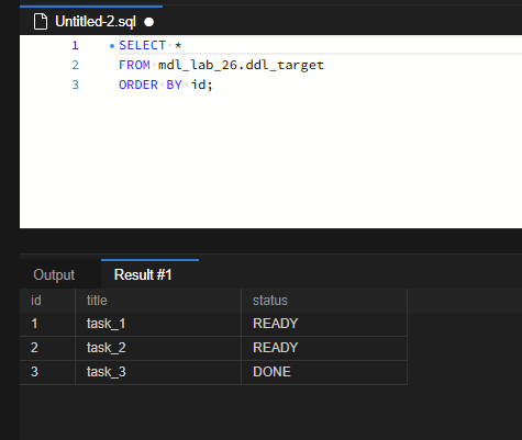 MySQL DDL이 끝나지 않는 이유: Metadata Lock 대기 재현과 진단 3 초기 컬럼은 id, title, status입니다. id 1·2의 상태는 READY이고 id 3은 DONE이며, 추가할 note 컬럼은 아직 없습니다.