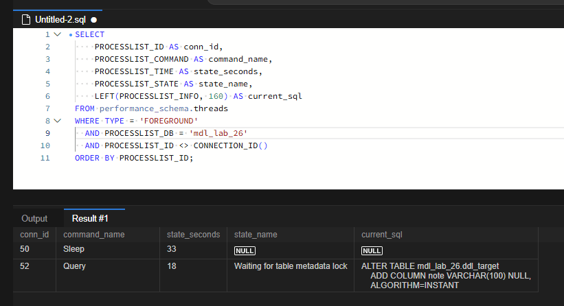 MySQL DDL이 끝나지 않는 이유: Metadata Lock 대기 재현과 진단 4 50번 세션은 Sleep 상태이며 현재 SQL은 NULL입니다. 52번 세션은 ALGORITHM=INSTANT가 포함된 ALTER TABLE을 실행하면서 Waiting for table metadata lock 상태로 대기합니다.