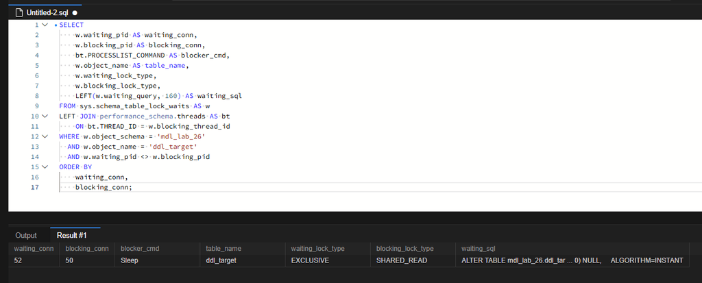 MySQL DDL이 끝나지 않는 이유: Metadata Lock 대기 재현과 진단 6 waiting_conn=52, blocking_conn=50으로 조회됩니다. 52번의 EXCLUSIVE 요청이 Sleep 상태인 50번의 SHARED_READ 잠금에 의해 대기하는 관계를 확인합니다.
