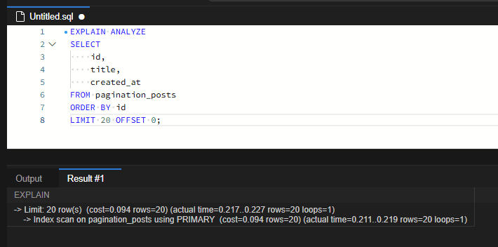 MySQL 페이지 번호가 커질수록 느려지는 이유: OFFSET과 키셋 페이지네이션 비교 3 OFFSET 0 조회의 EXPLAIN ANALYZE 결과. PRIMARY 인덱스 스캔에서 20행을 읽고 Limit 노드가 20건을 반환했으며 최상단 완료 시간은 0.227ms
