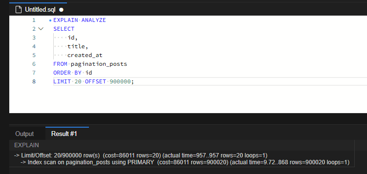 MySQL 페이지 번호가 커질수록 느려지는 이유: OFFSET과 키셋 페이지네이션 비교 5 OFFSET 900000 조회의 EXPLAIN ANALYZE 결과. 20건을 반환하기 위해 PRIMARY 인덱스에서 900020행을 읽었고 최상단 완료 시간은 957ms