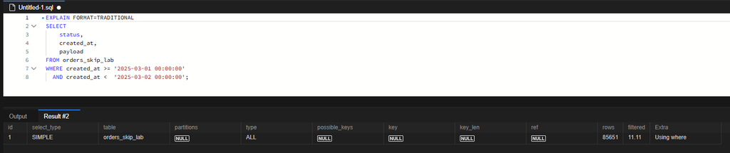 실행계획은 type=ALL, key=NULL, rows=85,651, filtered=11.11, Extra=Using where로 바뀌었습니다.