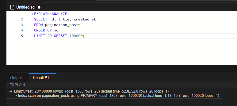 MySQL 페이지 번호가 커질수록 느려지는 이유: OFFSET과 키셋 페이지네이션 비교 4 OFFSET 100000 조회의 EXPLAIN ANALYZE 결과. 반환 건수는 20건이지만 PRIMARY 인덱스 스캔의 실제 행 수가 100020으로 증가했고 최상단 완료 시간은 52.8ms