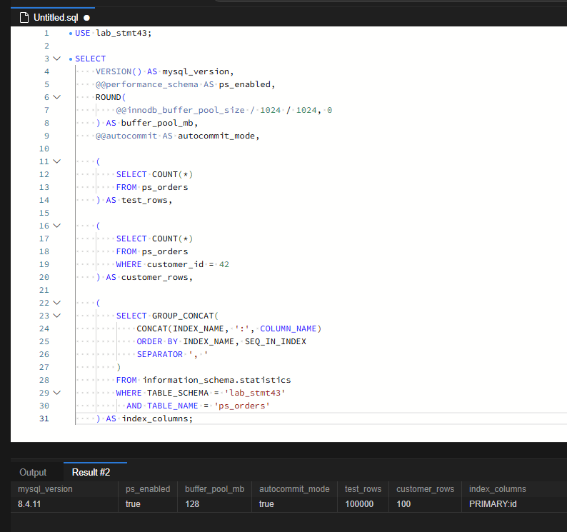 MySQL 느린 쿼리 후보 찾기: Performance Schema 실행 횟수·총 시간 분석 2 MySQL 8.4.11, 버퍼 풀 128MiB, 전체 100,000행, 고객 번호 42의 데이터 100행을 확인했습니다. 초기 인덱스는 PRIMARY:id만 존재합니다.