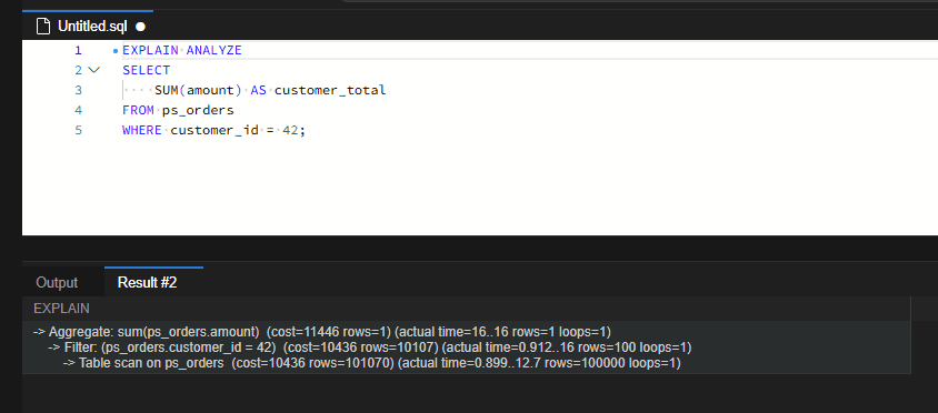 MySQL 느린 쿼리 후보 찾기: Performance Schema 실행 횟수·총 시간 분석 4 Table scan에서 실제 100,000행을 읽은 뒤 Filter에서 100행이 남았습니다. 최상위 Aggregate의 실제 시간은 약 16ms이며, 각 단계의 loops는 1입니다.