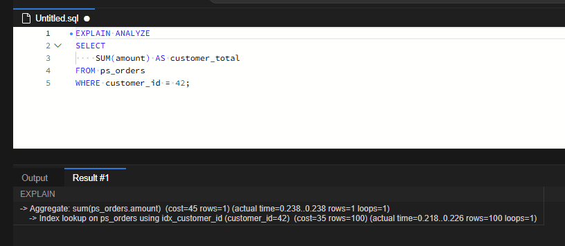 MySQL 느린 쿼리 후보 찾기: Performance Schema 실행 횟수·총 시간 분석 6 idx_customer_id를 사용한 Index lookup으로 바뀌었으며 실제 조회 행 수는 100행입니다. 최상위 Aggregate 시간은 약 0.238ms입니다.