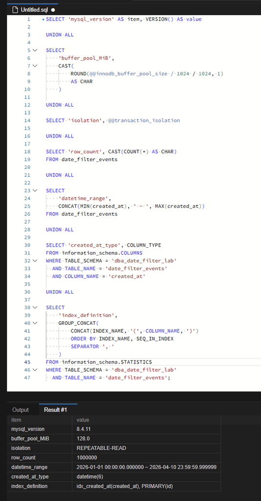 MySQL 날짜 컬럼에 DATE 함수를 쓰면 느려지는 이유: 인덱스 전체 스캔을 범위 스캔으로 바꾼 실험 2 MySQL 8.4.11, 버퍼 풀 128MiB, 전체 100만 건과 날짜 인덱스 구성을 확인한 결과입니다. 날짜 컬럼은 마이크로초를 저장하는 DATETIME(6)입니다.