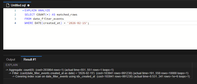 MySQL 날짜 컬럼에 DATE 함수를 쓰면 느려지는 이유: 인덱스 전체 스캔을 범위 스캔으로 바꾼 실험 3 DATE 조건은 idx_created_at의 커버링 인덱스 전체 스캔으로 100만 행을 읽었습니다. 필터를 통과한 데이터는 1만 행이며, 집계 완료 시간은 551ms입니다.