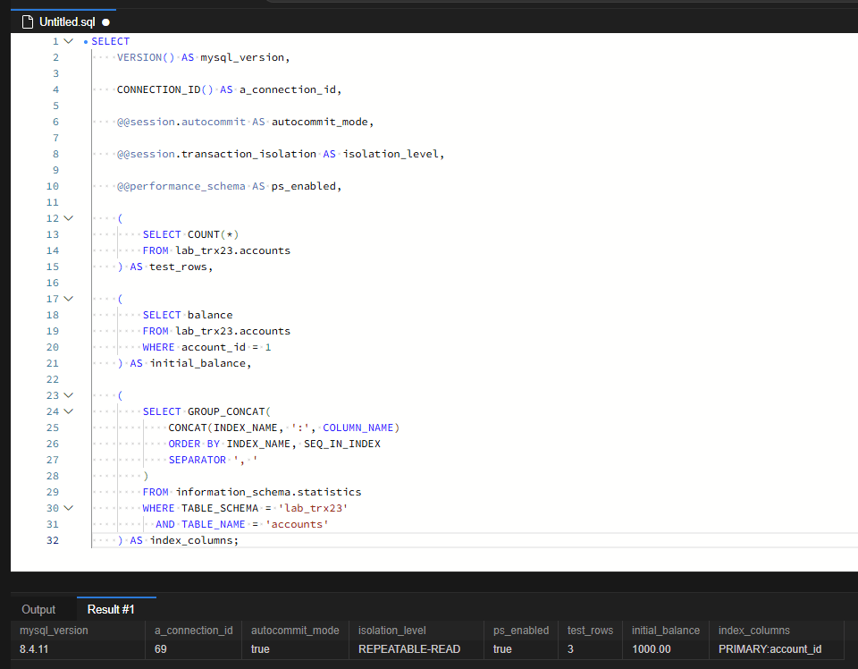 MySQL 커밋을 잊은 세션 찾기: INNODB_TRX로 장기 트랜잭션 추적 2 MySQL 8.4.11, 연결 번호 69, REPEATABLE-READ와 자동 커밋 활성 상태를 확인했습니다. 데이터는 3행이며 account_id=1의 초기 잔액은 1000.00입니다.