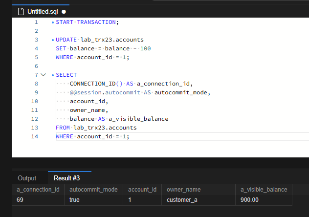 MySQL 커밋을 잊은 세션 찾기: INNODB_TRX로 장기 트랜잭션 추적 3 연결 69에서 account_id=1의 잔액이 900.00으로 표시됩니다. autocommit은 true이지만 START TRANSACTION으로 시작한 트랜잭션은 아직 종료하지 않았습니다.