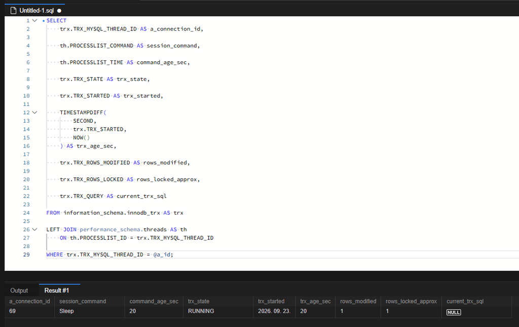 MySQL 커밋을 잊은 세션 찾기: INNODB_TRX로 장기 트랜잭션 추적 4 연결 69는 Sleep 상태이며 현재 SQL은 NULL입니다. 그러나 트랜잭션은 RUNNING 상태로 남아 있고, 경과 시간 20초·변경 행 수 1·잠금 행 수 근삿값 1이 관측됩니다.