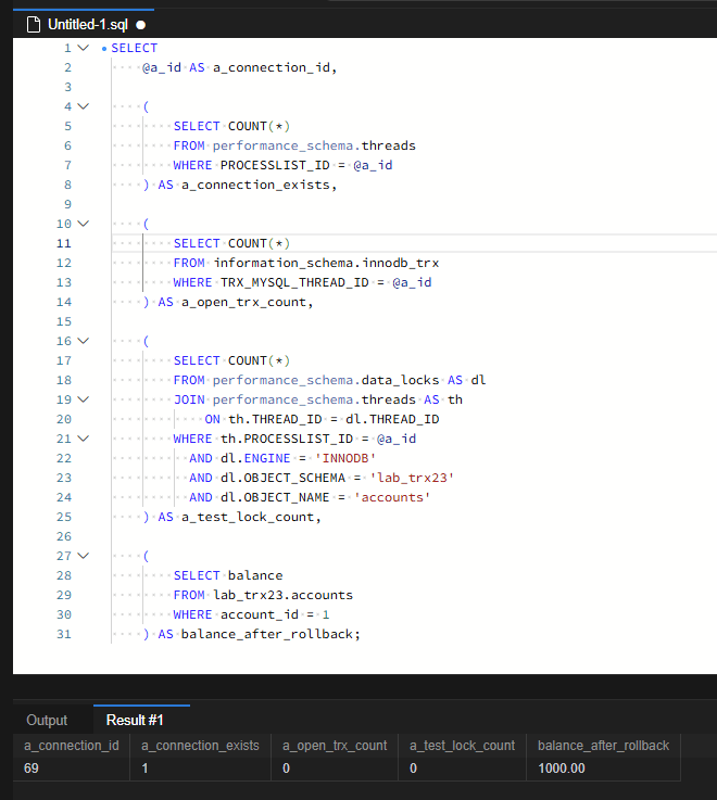 MySQL 커밋을 잊은 세션 찾기: INNODB_TRX로 장기 트랜잭션 추적 6 연결 69는 유지되지만 열린 트랜잭션 수와 테스트 테이블 잠금 수는 모두 0입니다. 잔액은 1000.00으로 확인됩니다.