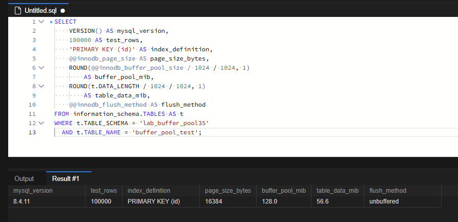 MySQL 8.4.11, Buffer Pool 128MiB, 테이블 크기 56.6MiB를 확인한 화면입니다. 페이지 크기는 16KiB이며, 조회 결과의 행 수와 인덱스 문구는 준비한 실험 조건을 상수로 표시한 것입니다.